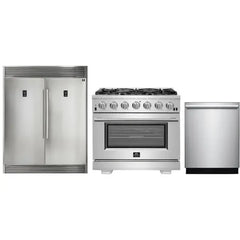 Forno 3-Piece Pro Appliance Package - 36" Gas Range, Pro-Style Refrigerator, and Dishwasher in Stainless Steel - The Home Selection