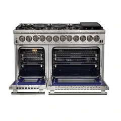 Forno 3-Piece Pro Appliance Package - 48" Dual Fuel Range, Pro-Style Refrigerator, and Dishwasher in Stainless Steel - The Home Selection