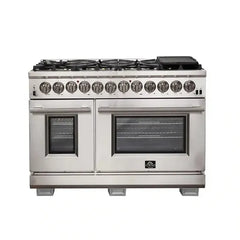 Forno 3-Piece Pro Appliance Package - 48" Dual Fuel Range, Pro-Style Refrigerator, and Dishwasher in Stainless Steel - The Home Selection