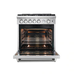Forno 4-Piece Appliance Package - 30" Gas Range, 36" Refrigerator with Water Dispenser, Microwave Oven, & 3-Rack Dishwasher in Stainless Steel - The Home Selection