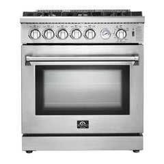 Forno 4-Piece Appliance Package - 30" Gas Range, 36" Refrigerator with Water Dispenser, Microwave Oven, & 3-Rack Dishwasher in Stainless Steel - The Home Selection