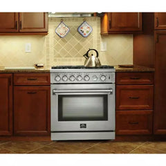 Forno 4-Piece Appliance Package - 30" Gas Range, 36" Refrigerator with Water Dispenser, Microwave Oven, & 3-Rack Dishwasher in Stainless Steel - The Home Selection