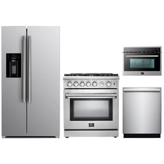 Forno 4-Piece Appliance Package - 30" Gas Range, 36" Refrigerator with Water Dispenser, Microwave Oven, & 3-Rack Dishwasher in Stainless Steel - The Home Selection