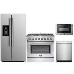 Forno 4-Piece Appliance Package - 36" Dual Fuel Range, 36" Refrigerator with Water Dispenser, Microwave Drawer, & 3-Rack Dishwasher in Stainless Steel - The Home Selection