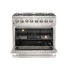 Forno 4-Piece Appliance Package - 36" Dual Fuel Range, 36" Refrigerator with Water Dispenser, Microwave Oven, & 3-Rack Dishwasher in Stainless Steel - The Home Selection