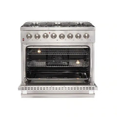 Forno 4-Piece Appliance Package - 36" Dual Fuel Range, 36" Refrigerator with Water Dispenser, Wall Mount Hood with Backsplash, & 3-Rack Dishwasher in Stainless Steel - The Home Selection