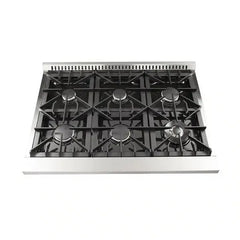 Forno 4-Piece Appliance Package - 36" Dual Fuel Range, 36" Refrigerator with Water Dispenser, Wall Mount Hood with Backsplash, & 3-Rack Dishwasher in Stainless Steel - The Home Selection