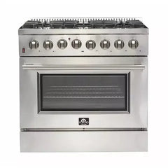 Forno 4-Piece Appliance Package - 36" Dual Fuel Range, 36" Refrigerator with Water Dispenser, Wall Mount Hood with Backsplash, & 3-Rack Dishwasher in Stainless Steel - The Home Selection