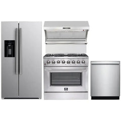 Forno 4-Piece Appliance Package - 36" Dual Fuel Range, 36" Refrigerator with Water Dispenser, Wall Mount Hood with Backsplash, & 3-Rack Dishwasher in Stainless Steel - The Home Selection