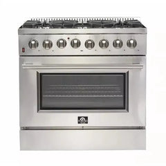 Forno 4-Piece Appliance Package - 36" Dual Fuel Range, 56" Pro-Style Refrigerator, Microwave Drawer, & 3-Rack Dishwasher in Stainless Steel - The Home Selection
