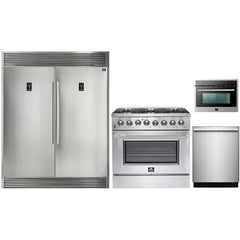 Forno 4-Piece Appliance Package - 36" Dual Fuel Range, 56" Pro-Style Refrigerator, Microwave Oven, & 3-Rack Dishwasher in Stainless Steel - The Home Selection