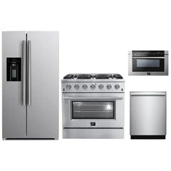 Forno 4-Piece Appliance Package - 36" Gas Range, 36" Refrigerator with Water Dispenser, Microwave Drawer, & 3-Rack Dishwasher in Stainless Steel - The Home Selection
