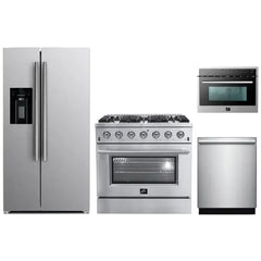 Forno 4-Piece Appliance Package - 36" Gas Range, 36" Refrigerator with Water Dispenser, Microwave Oven, & 3-Rack Dishwasher in Stainless Steel - The Home Selection
