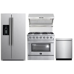 Forno 4-Piece Appliance Package - 36" Gas Range, 36" Refrigerator with Water Dispenser, Wall Mount Hood with Backsplash, & 3-Rack Dishwasher in Stainless Steel - The Home Selection