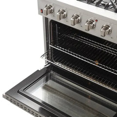 Forno 4-Piece Appliance Package - 36" Gas Range, 56" Pro-Style Refrigerator, Microwave Oven, & 3-Rack Dishwasher in Stainless Steel - The Home Selection