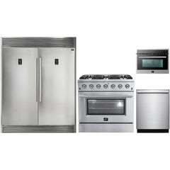 Forno 4-Piece Appliance Package - 36" Gas Range, 56" Pro-Style Refrigerator, Microwave Oven, & 3-Rack Dishwasher in Stainless Steel - The Home Selection