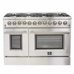 Forno 4-Piece Appliance Package - 48" Dual Fuel Range, 36" Refrigerator with Water Dispenser, Microwave Drawer, & 3-Rack Dishwasher in Stainless Steel - The Home Selection