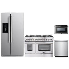 Forno 4-Piece Appliance Package - 48" Dual Fuel Range, 36" Refrigerator with Water Dispenser, Microwave Drawer, & 3-Rack Dishwasher in Stainless Steel - The Home Selection