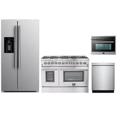 Forno 4-Piece Appliance Package - 48" Dual Fuel Range, 36" Refrigerator with Water Dispenser, Microwave Oven, & 3-Rack Dishwasher in Stainless Steel - The Home Selection
