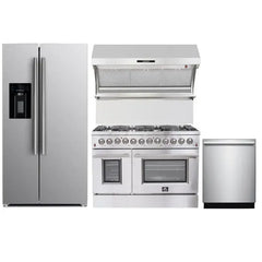 Forno 4-Piece Appliance Package - 48" Dual Fuel Range, 36" Refrigerator with Water Dispenser, Wall Mount Hood with Backsplash, & 3-Rack Dishwasher in Stainless Steel - The Home Selection