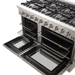 Forno 4-Piece Appliance Package - 48" Gas Range, 36" Refrigerator with Water Dispenser, Microwave Drawer, & 3-Rack Dishwasher in Stainless Steel - The Home Selection