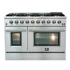 Forno 4-Piece Appliance Package - 48" Gas Range, 36" Refrigerator with Water Dispenser, Microwave Drawer, & 3-Rack Dishwasher in Stainless Steel - The Home Selection