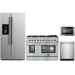 Forno 4-Piece Appliance Package - 48" Gas Range, 36" Refrigerator with Water Dispenser, Microwave Drawer, & 3-Rack Dishwasher in Stainless Steel - The Home Selection