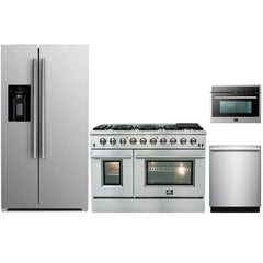 Forno 4-Piece Appliance Package - 48" Gas Range, 36" Refrigerator with Water Dispenser, Microwave Oven, & 3-Rack Dishwasher in Stainless Steel - The Home Selection