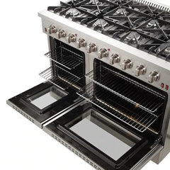 Forno 4-Piece Appliance Package - 48" Gas Range, 36" Refrigerator with Water Dispenser, Wall Mount Hood with Backsplash, & 3-Rack Dishwasher in Stainless Steel - The Home Selection