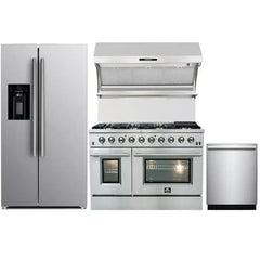 Forno 4-Piece Appliance Package - 48" Gas Range, 36" Refrigerator with Water Dispenser, Wall Mount Hood with Backsplash, & 3-Rack Dishwasher in Stainless Steel - The Home Selection