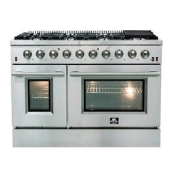 Forno 4-Piece Appliance Package - 48" Gas Range, 56" Pro-Style Refrigerator, Microwave Drawer, & 3-Rack Dishwasher in Stainless Steel - The Home Selection