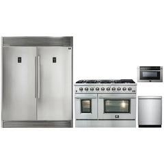 Forno 4-Piece Appliance Package - 48" Gas Range, 56" Pro-Style Refrigerator, Microwave Drawer, & 3-Rack Dishwasher in Stainless Steel - The Home Selection