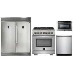 Forno 4-Piece Pro Appliance Package - 30" Dual Fuel Range, 56" Pro-Style Refrigerator, Microwave Drawer, & 3-Rack Dishwasher in Stainless Steel - The Home Selection