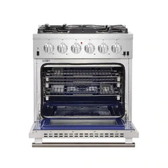 Forno 4-Piece Pro Appliance Package - 30" Gas Range, 36" Refrigerator with Water Dispenser, Microwave Drawer, & 3-Rack Dishwasher in Stainless Steel - The Home Selection
