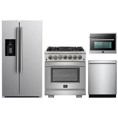 Forno 4-Piece Pro Appliance Package - 30" Gas Range, 36" Refrigerator with Water Dispenser, Microwave Oven, & 3-Rack Dishwasher in Stainless Steel - The Home Selection