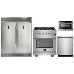 Forno 4-Piece Pro Appliance Package - 30" Gas Range, 56" Pro-Style Refrigerator, Microwave Drawer, & 3-Rack Dishwasher in Stainless Steel - The Home Selection
