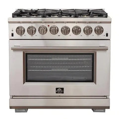 Forno 4-Piece Pro Appliance Package - 36" Dual Fuel Range, 56" Pro-Style Refrigerator, Microwave Drawer, & 3-Rack Dishwasher in Stainless Steel - The Home Selection