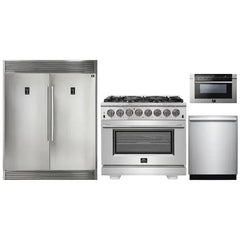 Forno 4-Piece Pro Appliance Package - 36" Dual Fuel Range, 56" Pro-Style Refrigerator, Microwave Drawer, & 3-Rack Dishwasher in Stainless Steel - The Home Selection