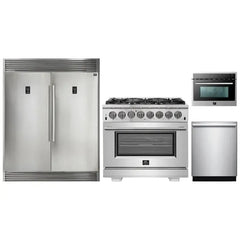 Forno 4-Piece Pro Appliance Package - 36" Dual Fuel Range, 56" Pro-Style Refrigerator, Microwave Oven, & 3-Rack Dishwasher in Stainless Steel - The Home Selection