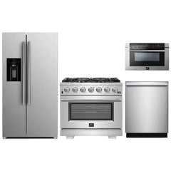 Forno 4-Piece Pro Appliance Package - 36" Gas Range, 36" Refrigerator with Water Dispenser, Microwave Drawer, & 3-Rack Dishwasher in Stainless Steel - The Home Selection