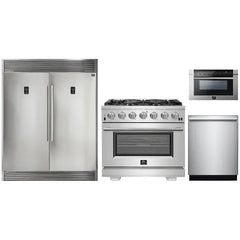 Forno 4-Piece Pro Appliance Package - 36" Gas Range, 56" Pro-Style Refrigerator, Microwave Drawer, & 3-Rack Dishwasher in Stainless Steel - The Home Selection