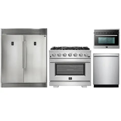 Forno 4-Piece Pro Appliance Package - 36" Gas Range, 56" Pro-Style Refrigerator, Microwave Oven, & 3-Rack Dishwasher in Stainless Steel - The Home Selection