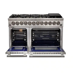 Forno 4-Piece Pro Appliance Package - 48" Dual Fuel Range, 36" Refrigerator with Water Dispenser, Microwave Drawer, & 3-Rack Dishwasher in Stainless Steel - The Home Selection