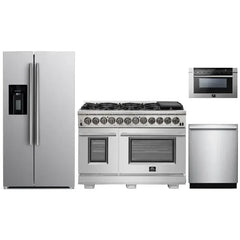 Forno 4-Piece Pro Appliance Package - 48" Dual Fuel Range, 36" Refrigerator with Water Dispenser, Microwave Drawer, & 3-Rack Dishwasher in Stainless Steel - The Home Selection