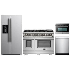 Forno 4-Piece Pro Appliance Package - 48" Dual Fuel Range, 36" Refrigerator with Water Dispenser, Microwave Oven, & 3-Rack Dishwasher in Stainless Steel - The Home Selection