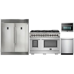 Forno 4-Piece Pro Appliance Package - 48" Dual Fuel Range, 56" Pro-Style Refrigerator, Microwave Oven, & 3-Rack Dishwasher in Stainless Steel - The Home Selection