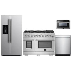 Forno 4-Piece Pro Appliance Package - 48" Gas Range, 36" Refrigerator with Water Dispenser, Microwave Drawer, & 3-Rack Dishwasher in Stainless Steel - The Home Selection