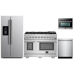 Forno 4-Piece Pro Appliance Package - 48" Gas Range, 36" Refrigerator with Water Dispenser, Microwave Oven, & 3-Rack Dishwasher in Stainless Steel - The Home Selection