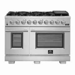 Forno 4-Piece Pro Appliance Package - 48" Gas Range, 56" Pro-Style Refrigerator, Microwave Drawer, & 3-Rack Dishwasher in Stainless Steel - The Home Selection