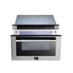 Forno 4-Piece Pro Appliance Package - 48" Gas Range, 56" Pro-Style Refrigerator, Microwave Drawer, & 3-Rack Dishwasher in Stainless Steel - The Home Selection